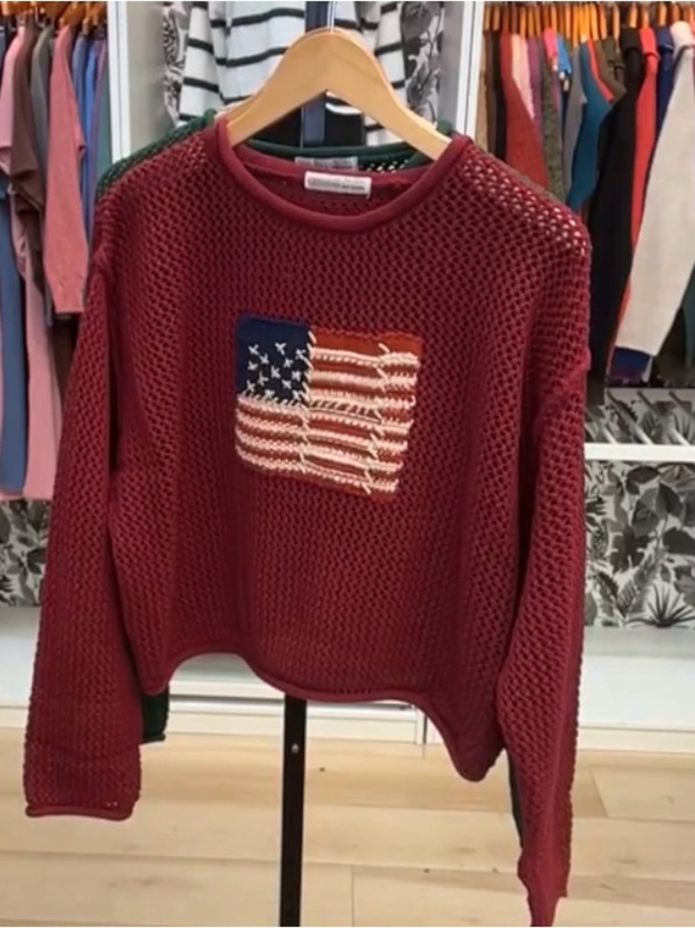 Zenana Outfitters Burgundy Open-Knit Sweater with Flag Patch